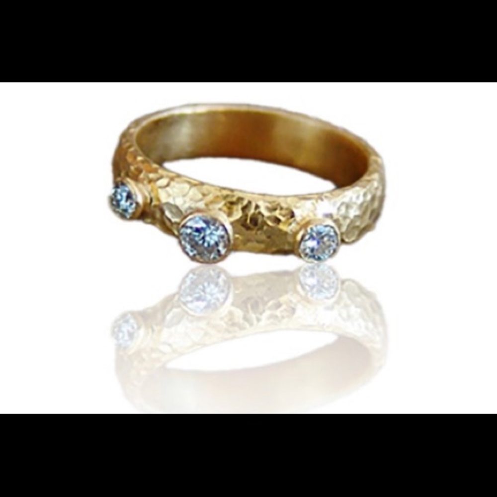 🐦‍⬛NWOT Hammered Handmade Trio White Topaz Ring Sterling 925 Vermeil Stacka…